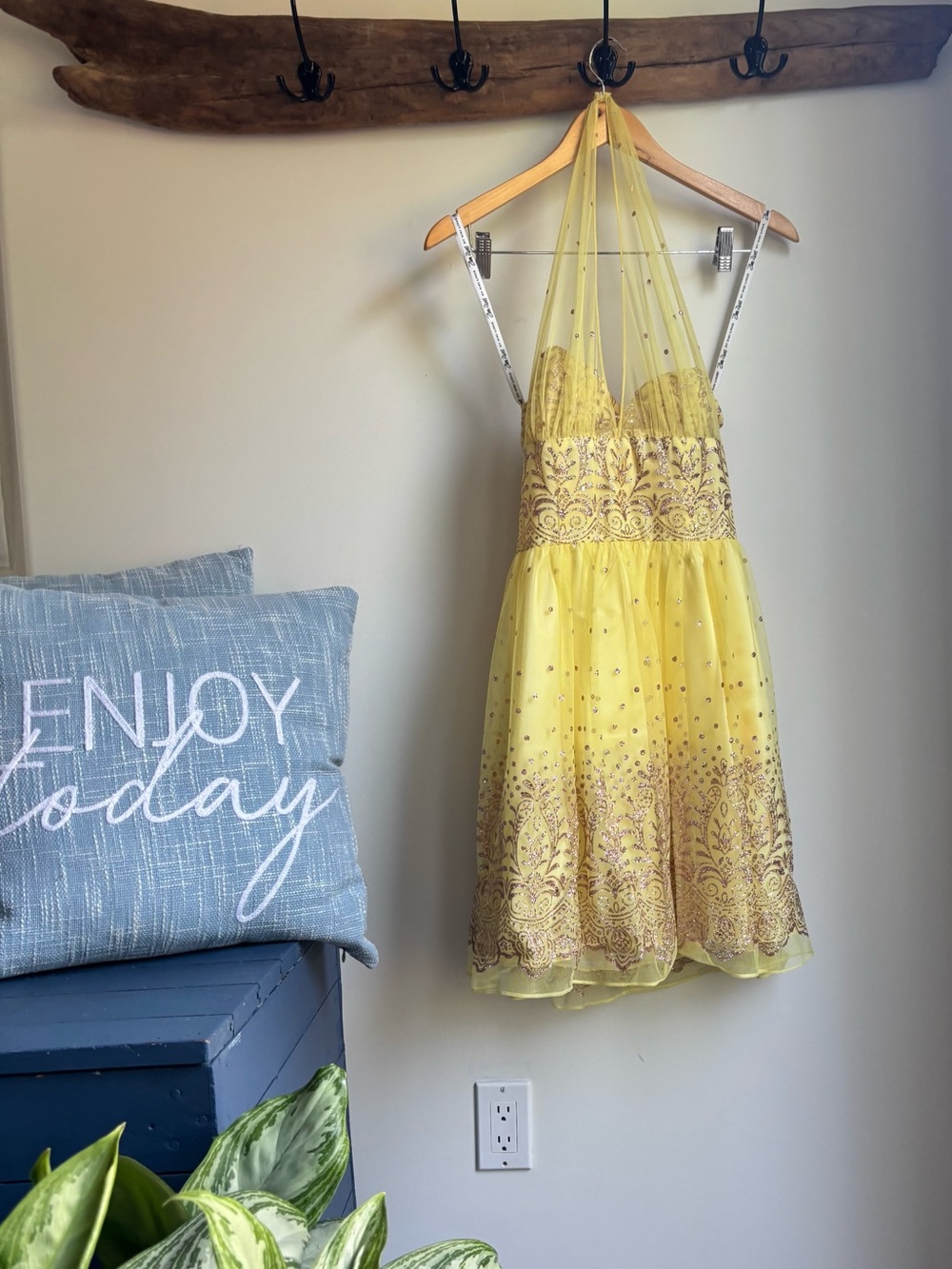 Zum Zum by Niki Livas Yellow Embellished Halter Midi Dress